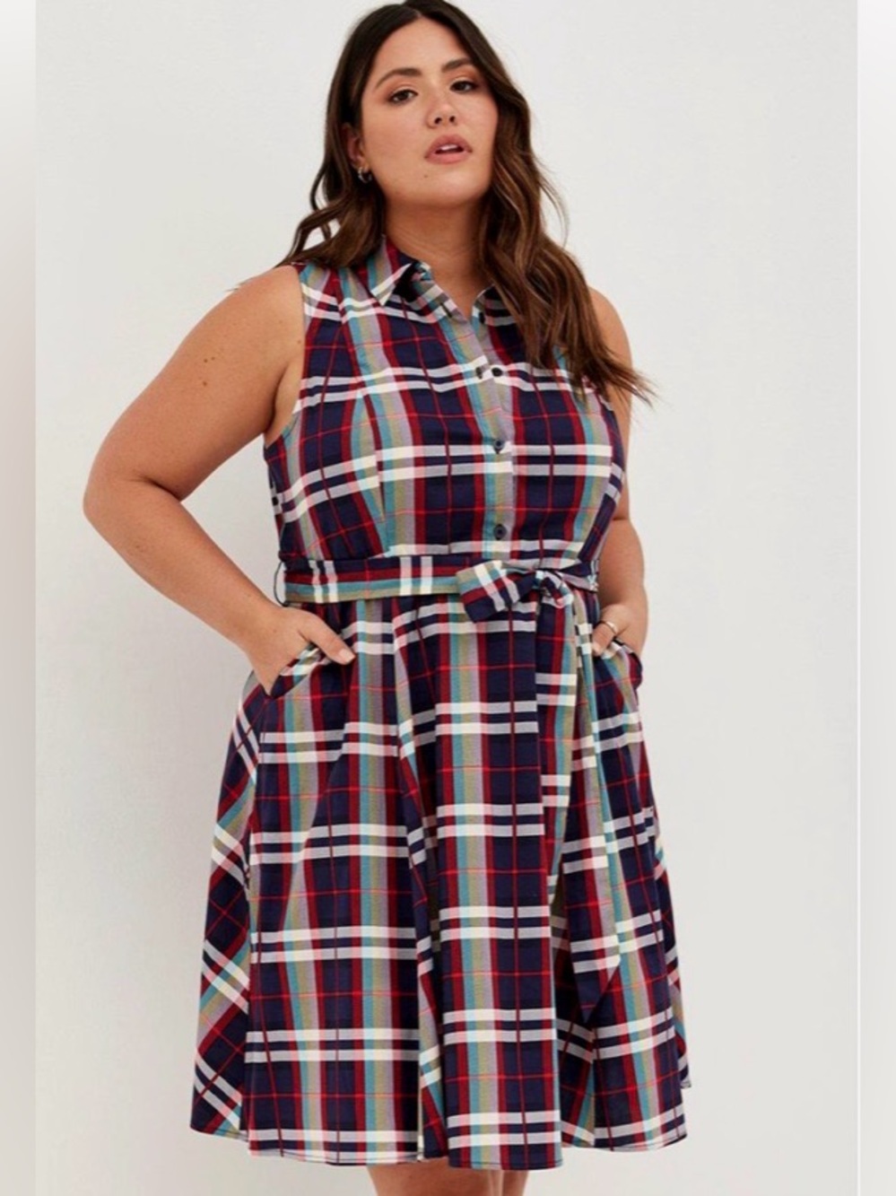 torrid Navy Multicolor Plaid Sleeveless Shirt Dress with Tie Waist
